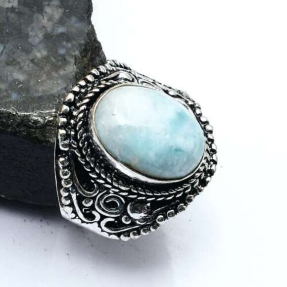 Natural Larimar Gemstone Sterling Silver Ring Sz 7.50 - Picture 1 of 4